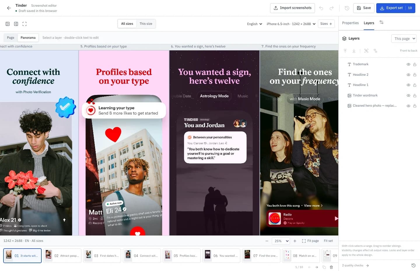 ShotFleet editöründe açık bir Tinder App Store ekran görüntüsü seti